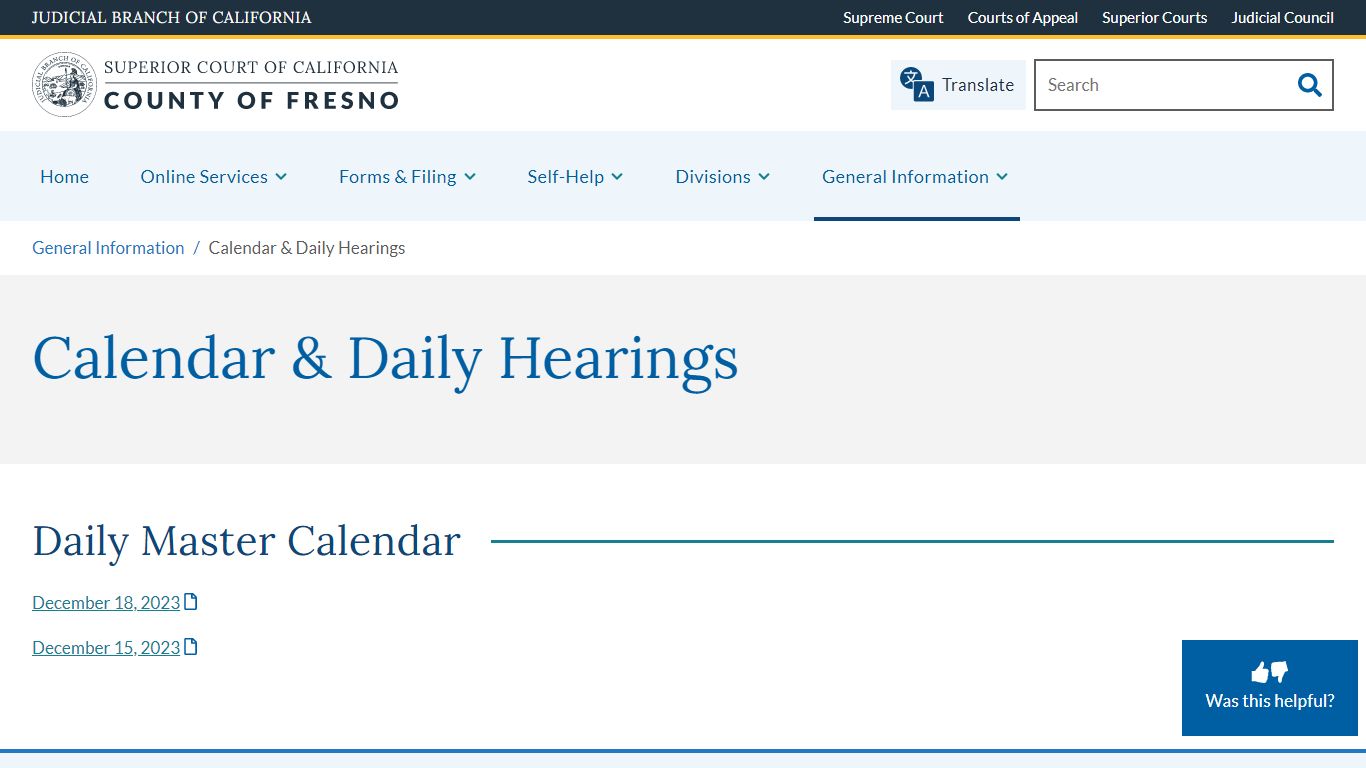 Calendar & Daily Hearings | Superior Court of California | County of Fresno
